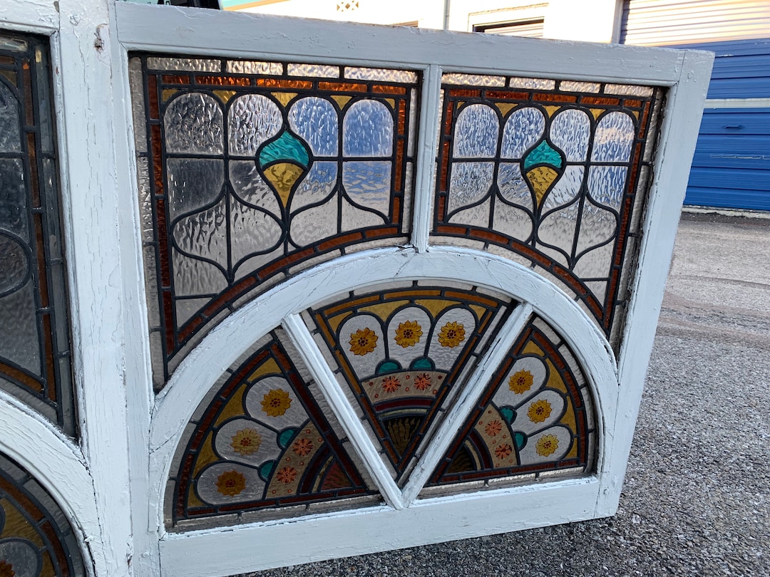3 Antique English Stained Glass Windows With Painted Designs 132.75W