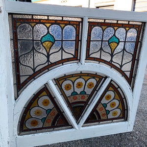 3 antique English stained glass windows with painted designs 1-32.75W, 2-33.5w31H, 1-7/8D Shipping is not free