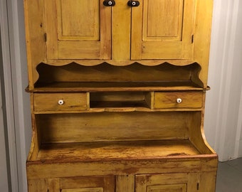 Antique Virginia stepback cupboard dry sink c1880 two piece mustard yellow paint 53x22x88 shipping is not free