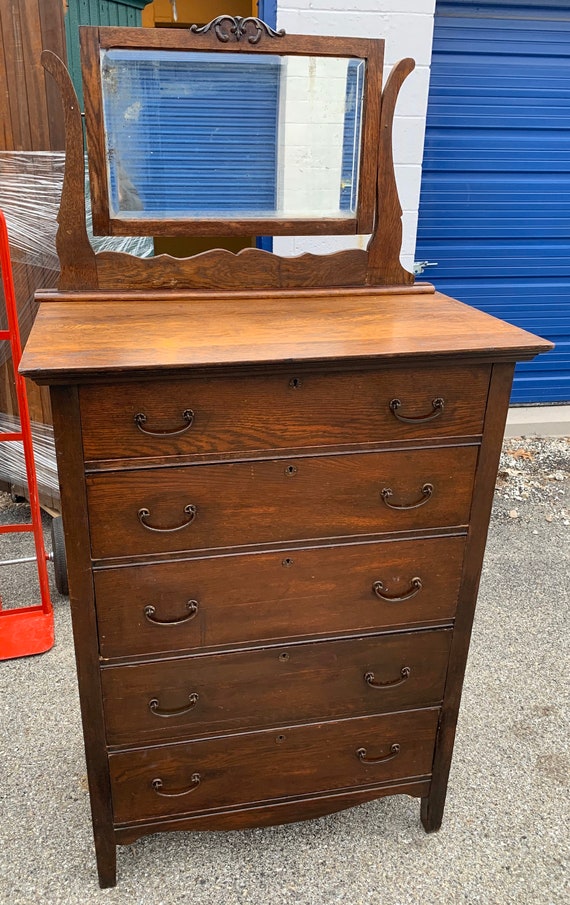 Antique Oak Highboy Chest Dresser With, Antique Highboy Dresser With Mirror