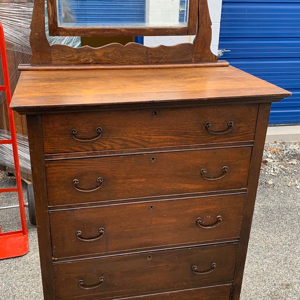 Antique Oak Highboy chest dresser with mirror 5 drawers 17d33w45h65h Shipping is not free