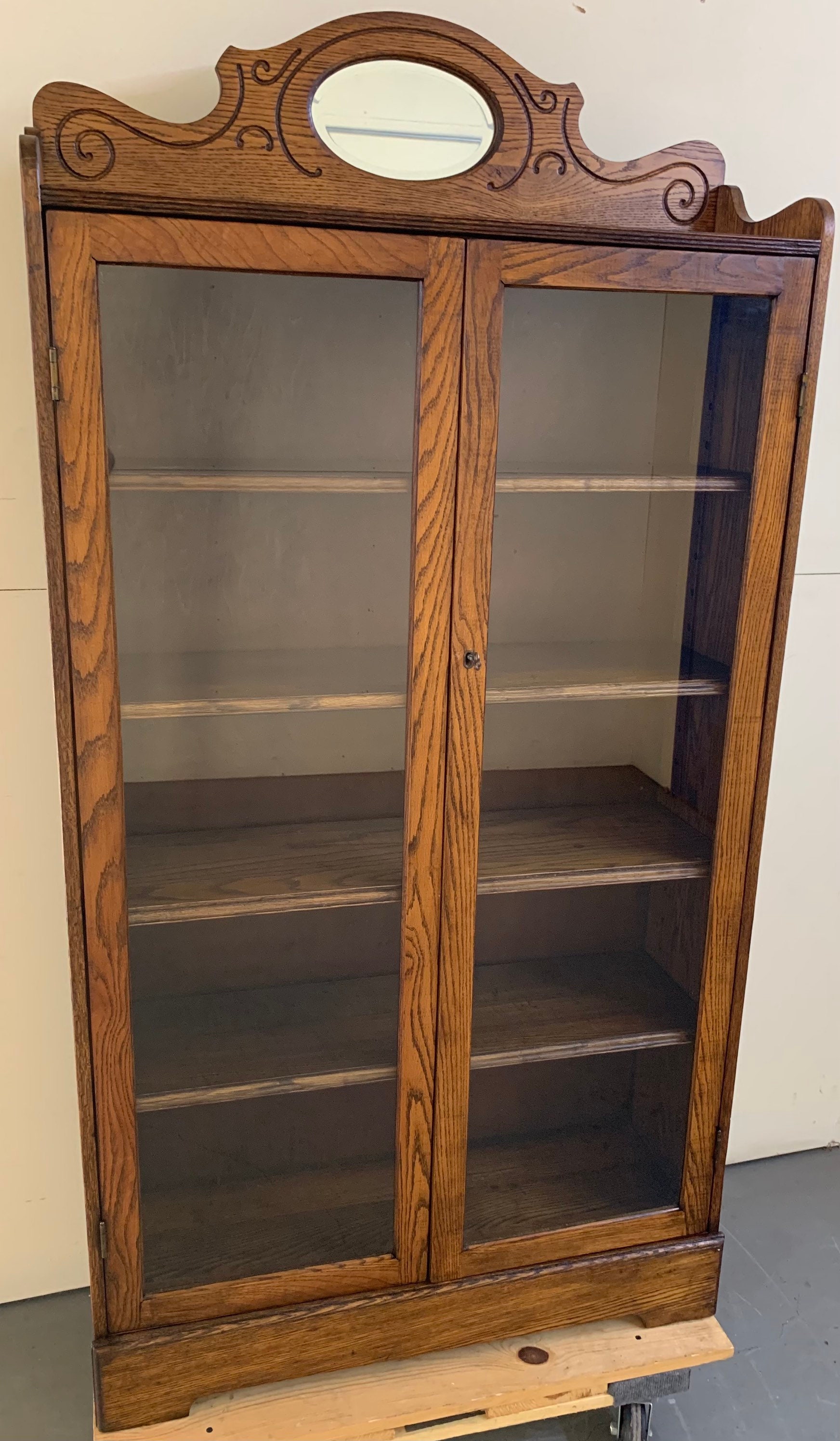 Antique Mission Oak 2 Door Bookcase Beveled Oval Mirror 36w60