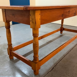 19th c American Primitive pine Farm harvest side table 2 board top 77w25d30h shipping is not free