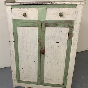 Beautiful 19thC Virginia primitive green cream painted walnut cupboard 37w53h15.5d Shipping is not free