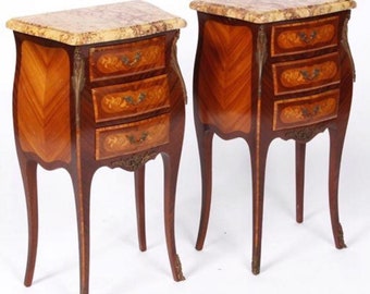 Pair Louis XV ormolu mounted French marble top bedside tables 29H16.5W11d shipping is not free