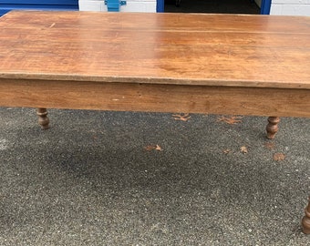 Primitive Pennsylvania harvest table in pine three board top old stain 38.5d66w23.5h29h Shipping is not free