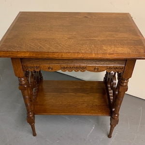 Antique victorian spoon carved oak side table bottom shelf turned legs three circle side designs 21x28x29h9h shipping is not free