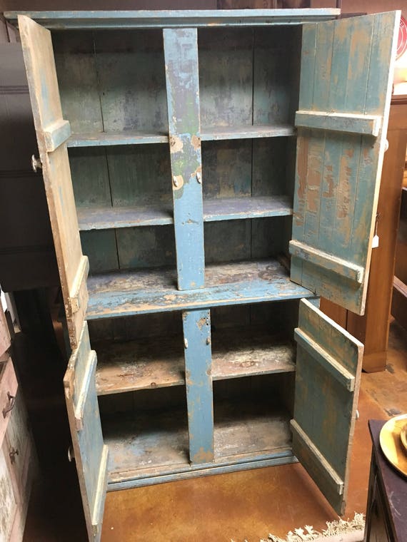 Primitive Original Blue Painted Stepback Cupboard 45w19d13.5d36
