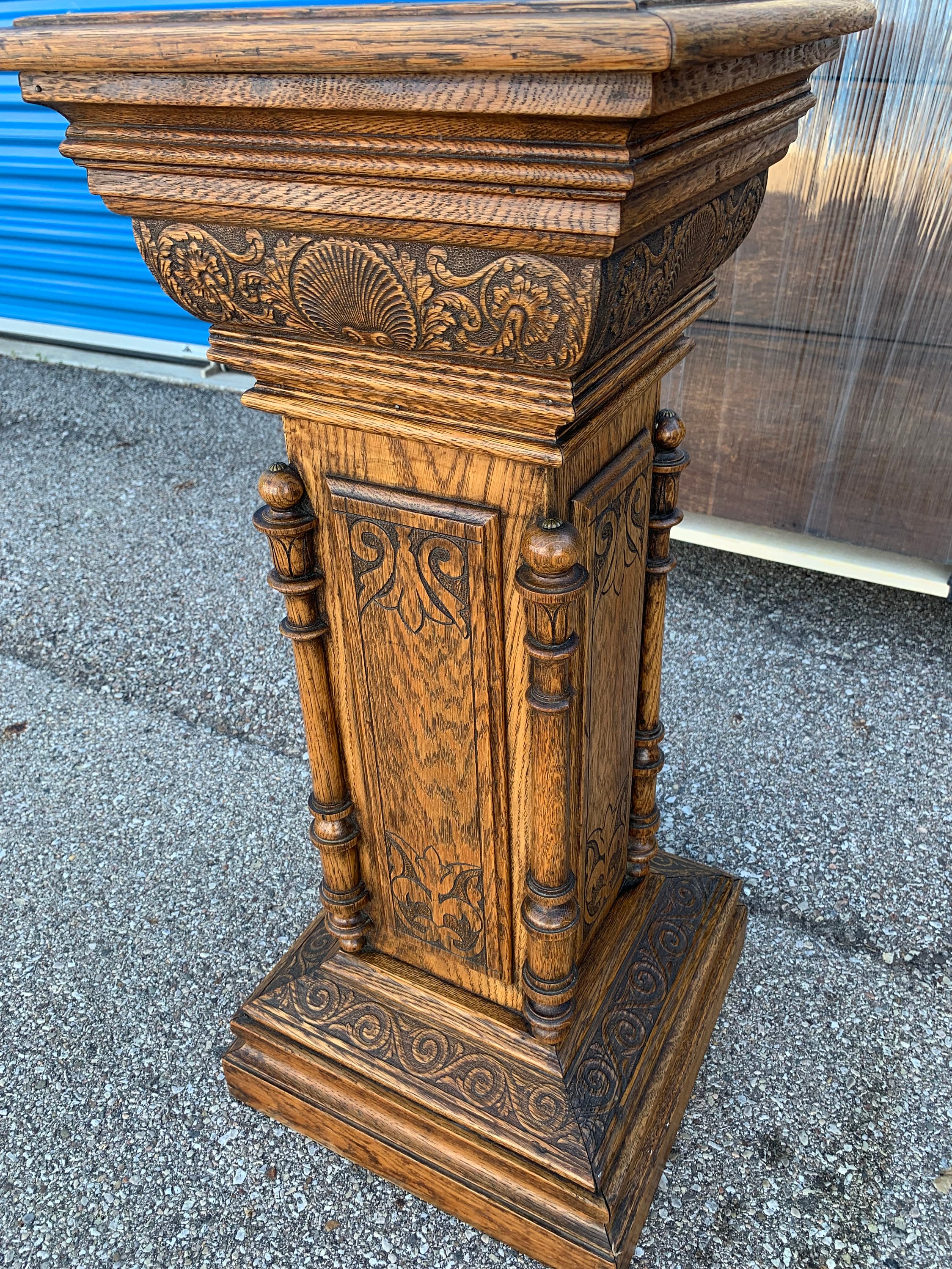 Antique Victorian Highly Carved Oak Pedestal With Stone Inset