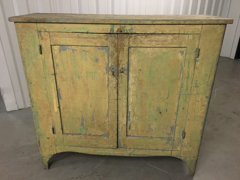 Beautiful Primitive Cupboard Mustard Over Green Paint Etsy