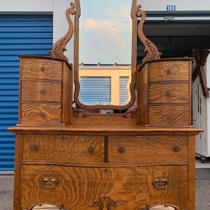 Exquisite antique 1880's Victorian solid tiger oak Jean Harlow dresser 45W22.5D26H43.5H75H  shipping is not free