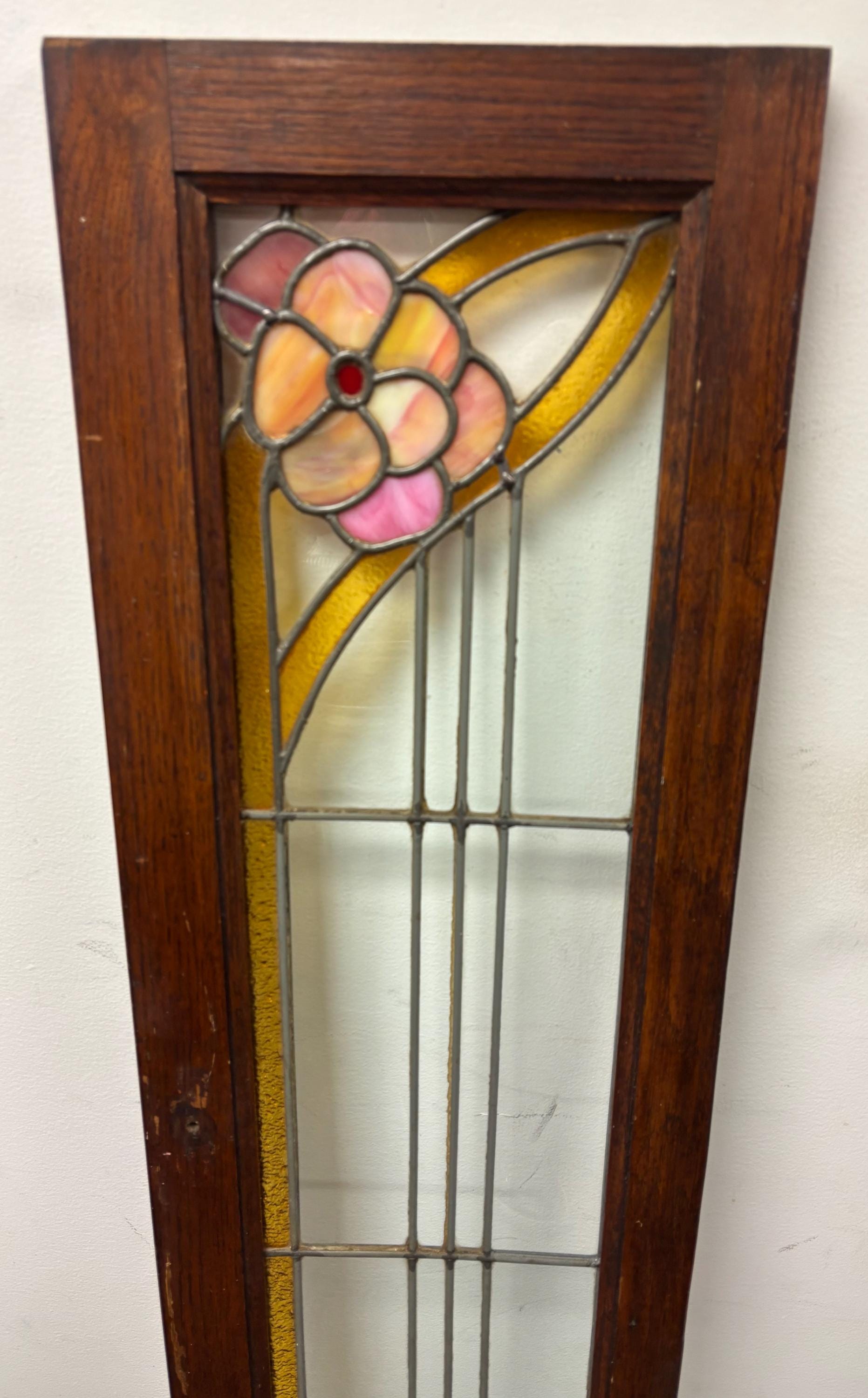 Antique Stained Leaded Glass Window Pink Flower 11.75x51x1 Shipping is ...
