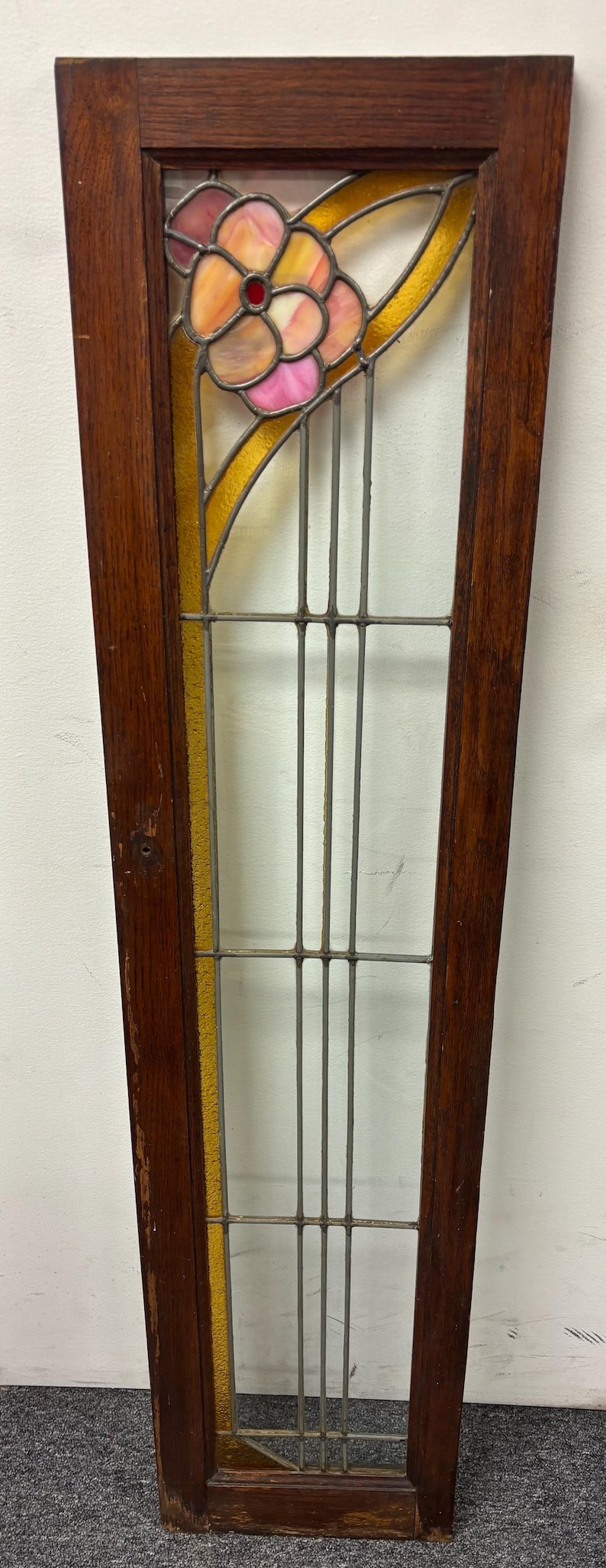 Antique Stained Leaded Glass Window Pink Flower 11.75x51x1 Shipping is ...