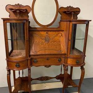Antique american oak carved secretary desk display ornate cabinet sideboard Shipping is not free
