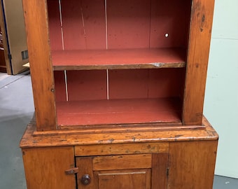 Primitive 19th century Iowa pine two piece open top step back cupboard 35w30w17d13d34h68h Shipping is not free