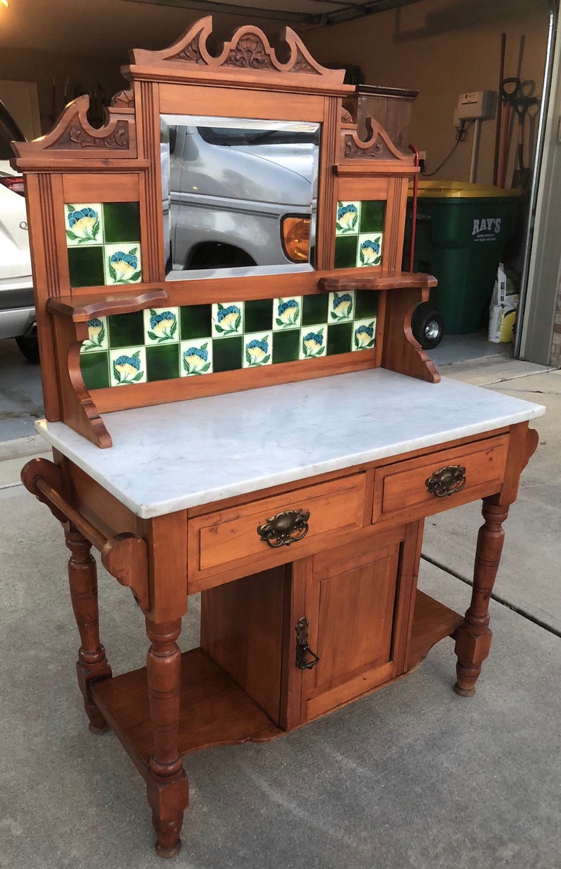Antique English Wash Stand Art nouveau tiles marble top Etsy