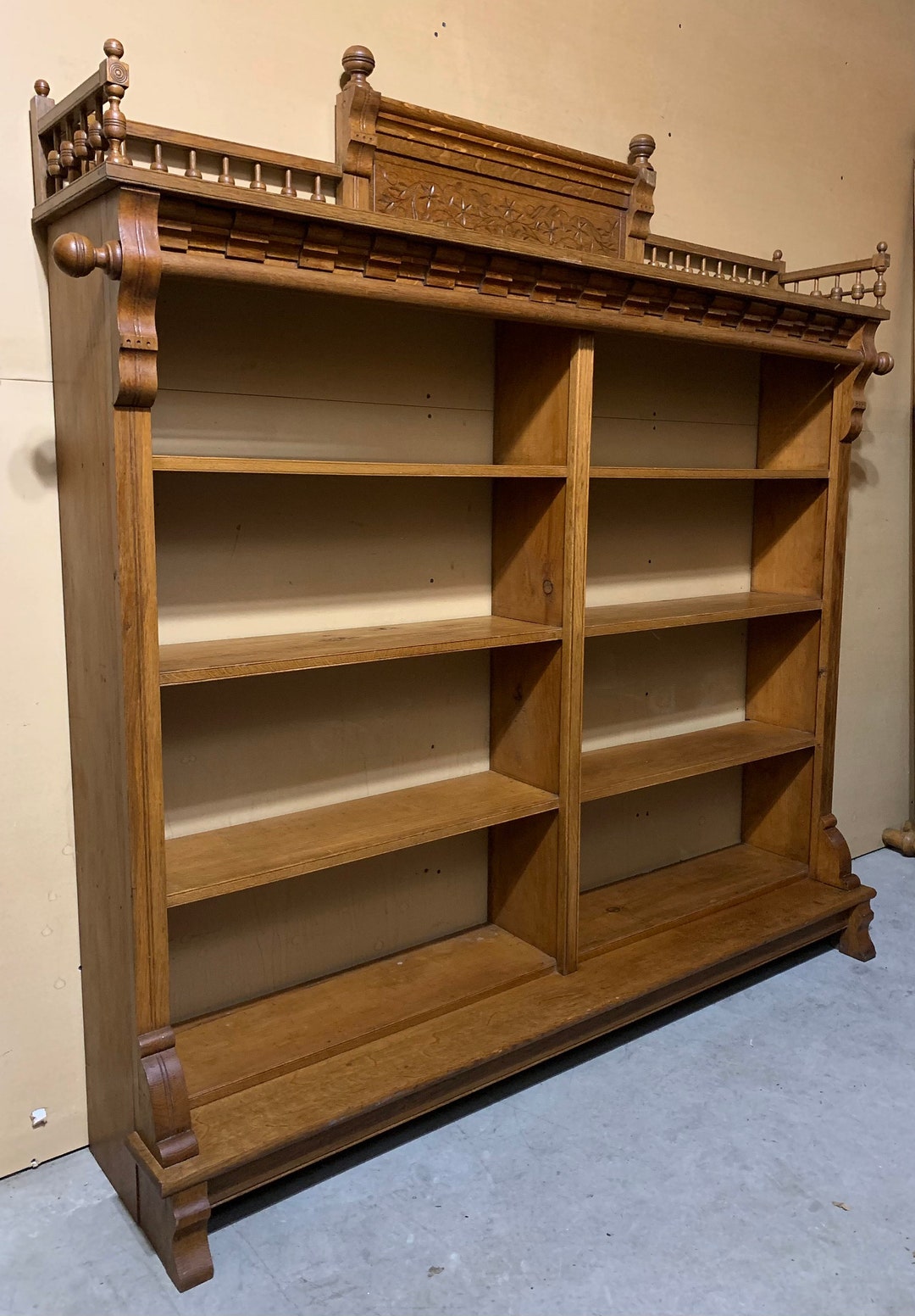 Antique Victorian Oak Bar Back Bookshelf Spoon Carved Gallery 6 Shelves