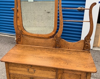 Unique antique victorian solid oak dual harp low wash stand beveled mirror  42W18D23.5H65H shipping is not free