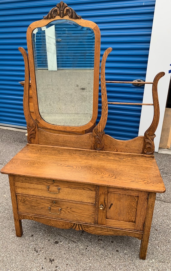Unique Antique Victorian Solid Oak Dual Harp Low Wash Stand