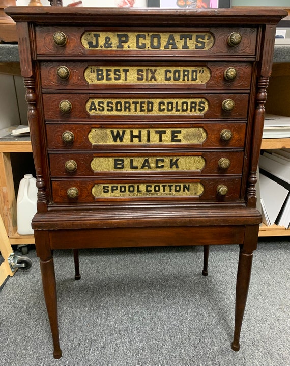 Antique J P Coats 6 Drawer Spool Cabinet Turned Pilasters Sits