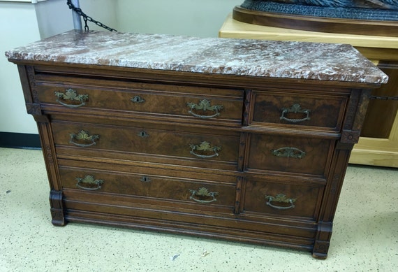 Victorian Eastlake Walnut Dresser Marble Top 6 Drawers Knapp Image 0