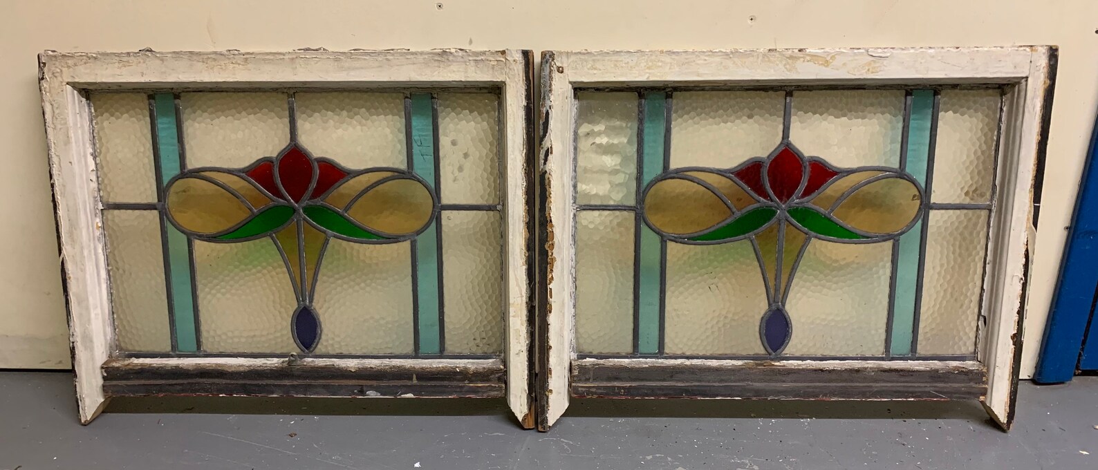 2 Antique English Stained Glass Windows Wide Fan Red Light Etsy