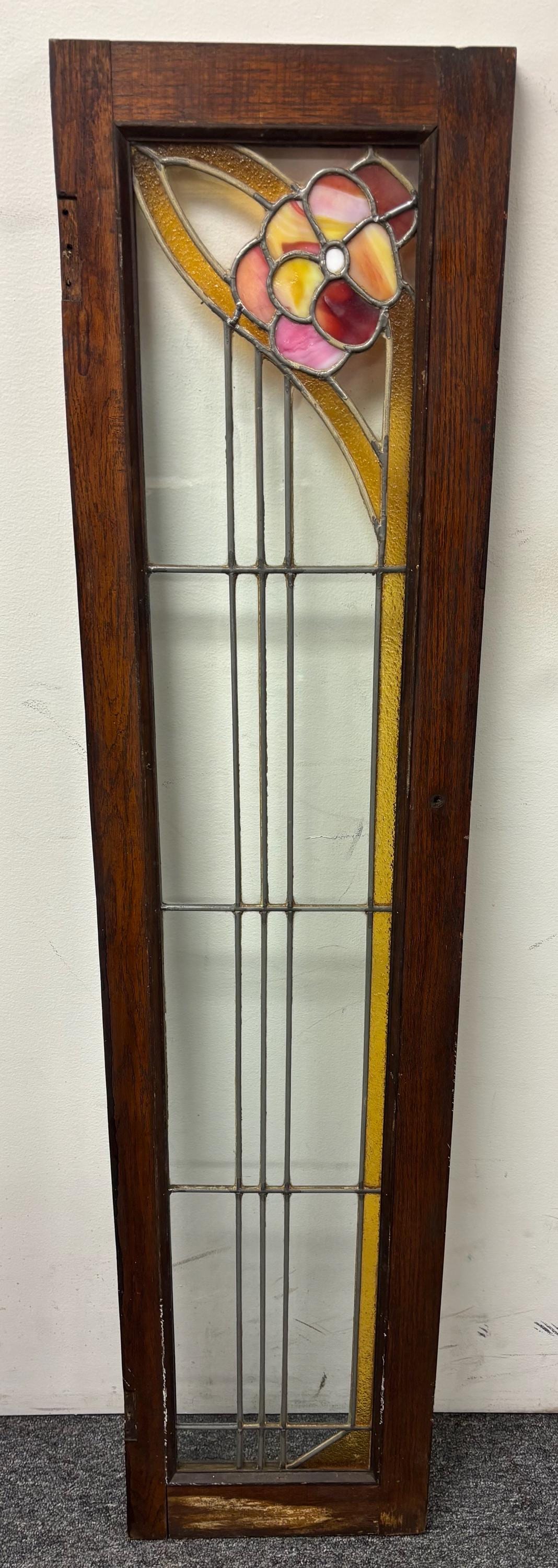 Antique Stained Leaded Glass Window Pink Flower 11.75x51x1 Shipping is ...