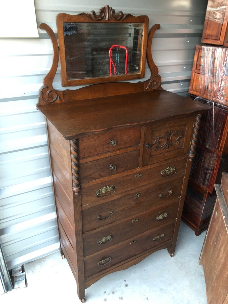 Early Antique Oak Highboy chest with mirror hat box Etsy