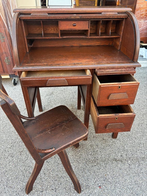Antique Maine Childs Solid Oak Roll Top Desk With Adjustable Chair