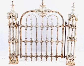 Rare Antique Victorian Gothic Revival cast iron entrance gate and 2 flanking ornamental posts Gate is 49h37w2d shipping is not free