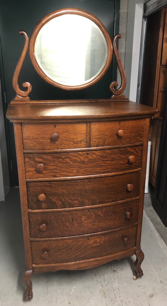 Antique Tiger Oak Hi Boy Chest Dresser Mirror And Claw Feet Etsy