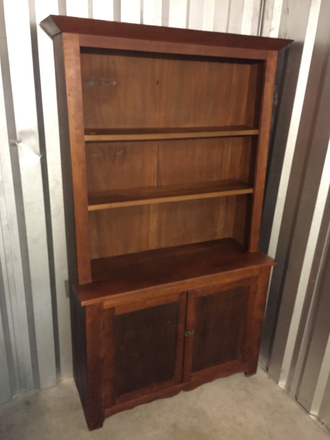 Primitive Stepback Pewter Cupboard One Piece Slant Open Top Walnut 45w16.5d78h 2 Plank Back