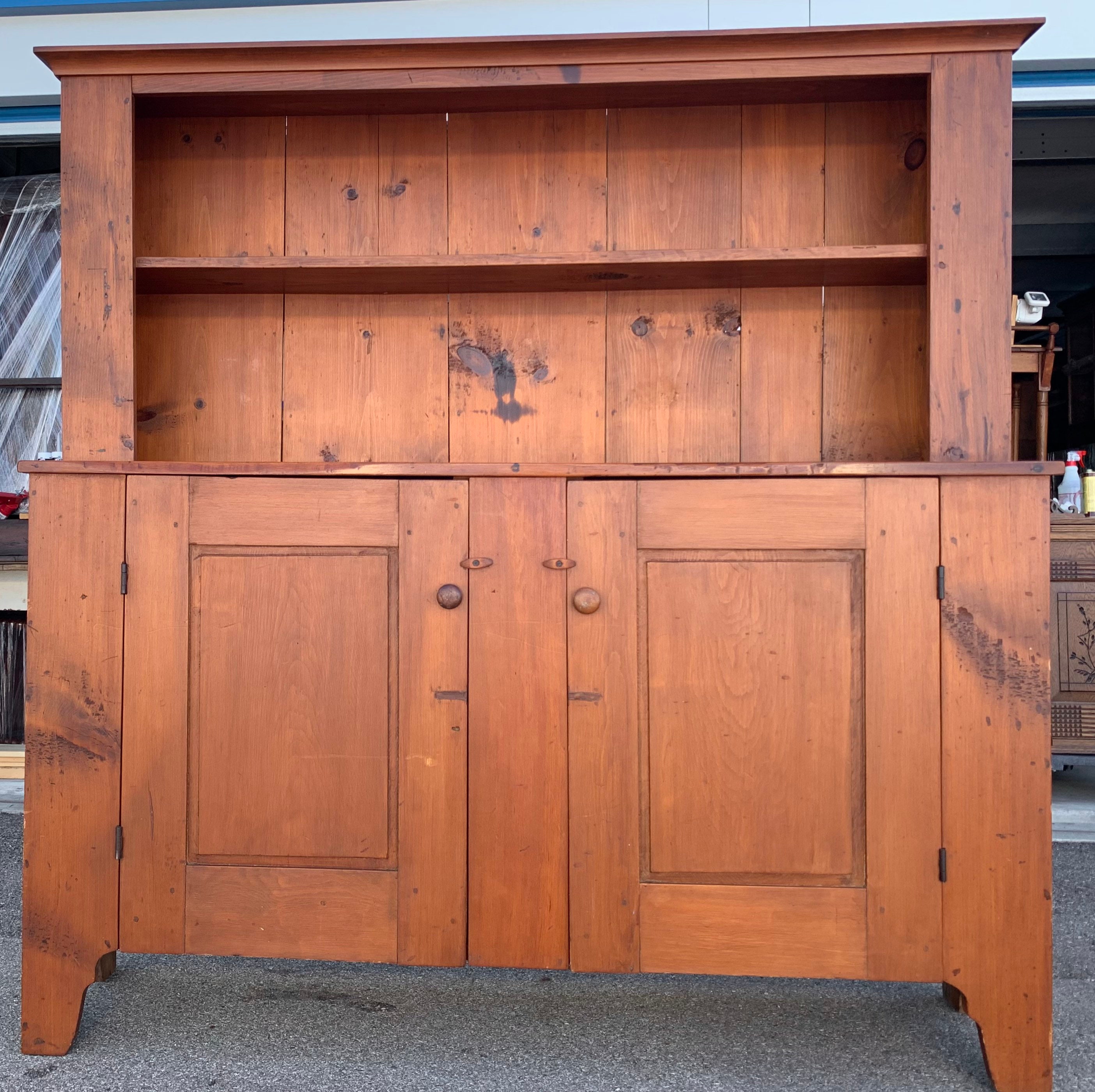 Antique 19thc New York Pine 2 Piece Large Stepback Cupboard