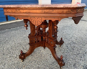 Beautiful victorian Antique burl walnut rose marble top parlor table 22D30W27H Shipping is not free