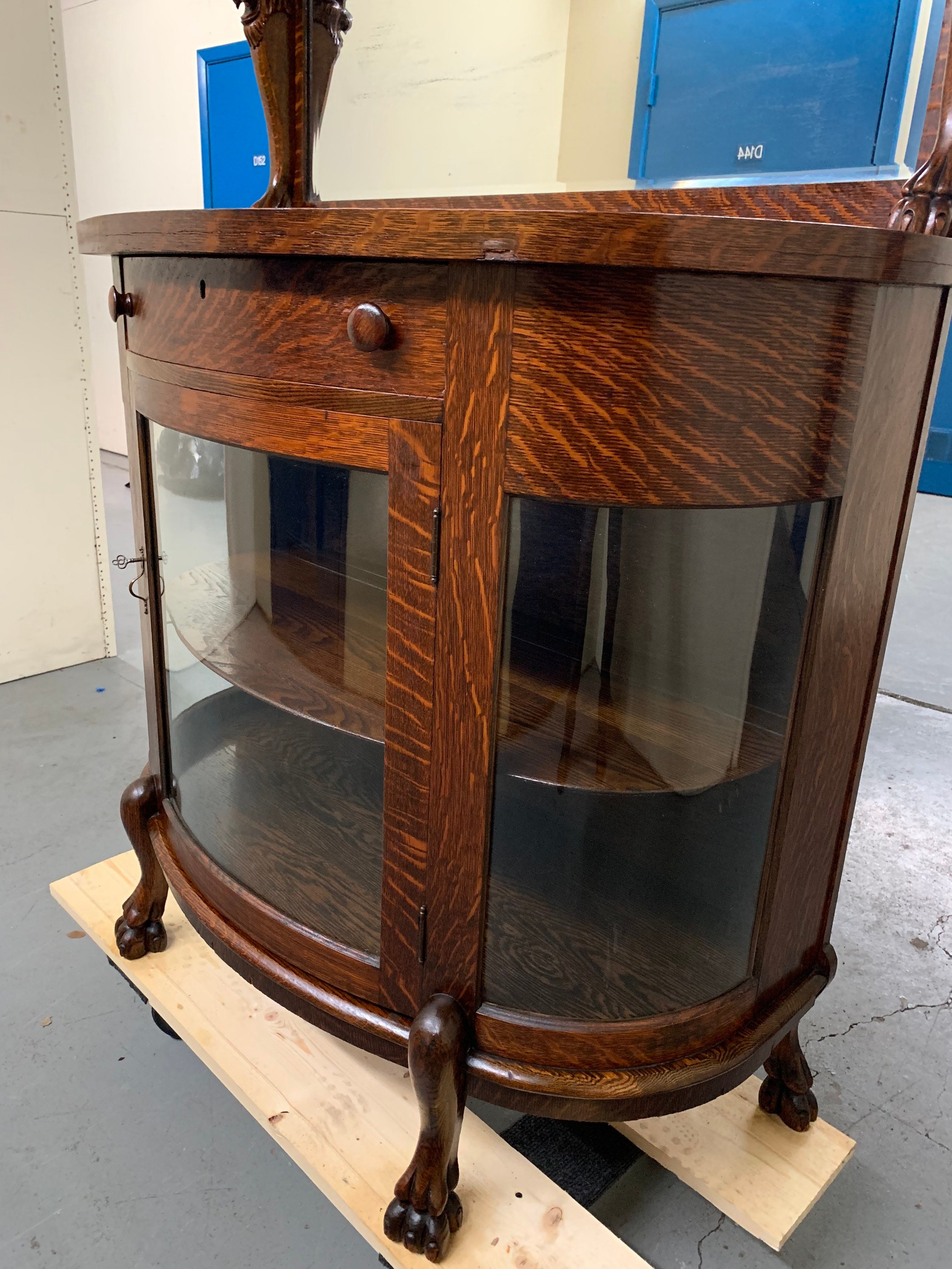 Antique Oak Curved Glass Sideboard Buffet Server Display Cabinet