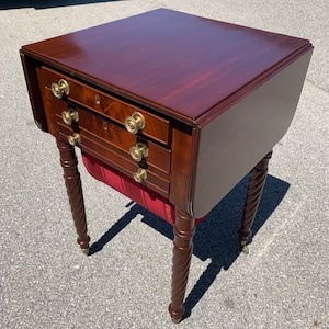 Antique Sheraton mahogany two drawer drop leaf sewing stand table 19d29.5h18w27.25w36.5w Shipping is not free