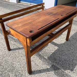 Rare Antique French oak dual school desk 19thC 49.5W33D30H18CH shipping