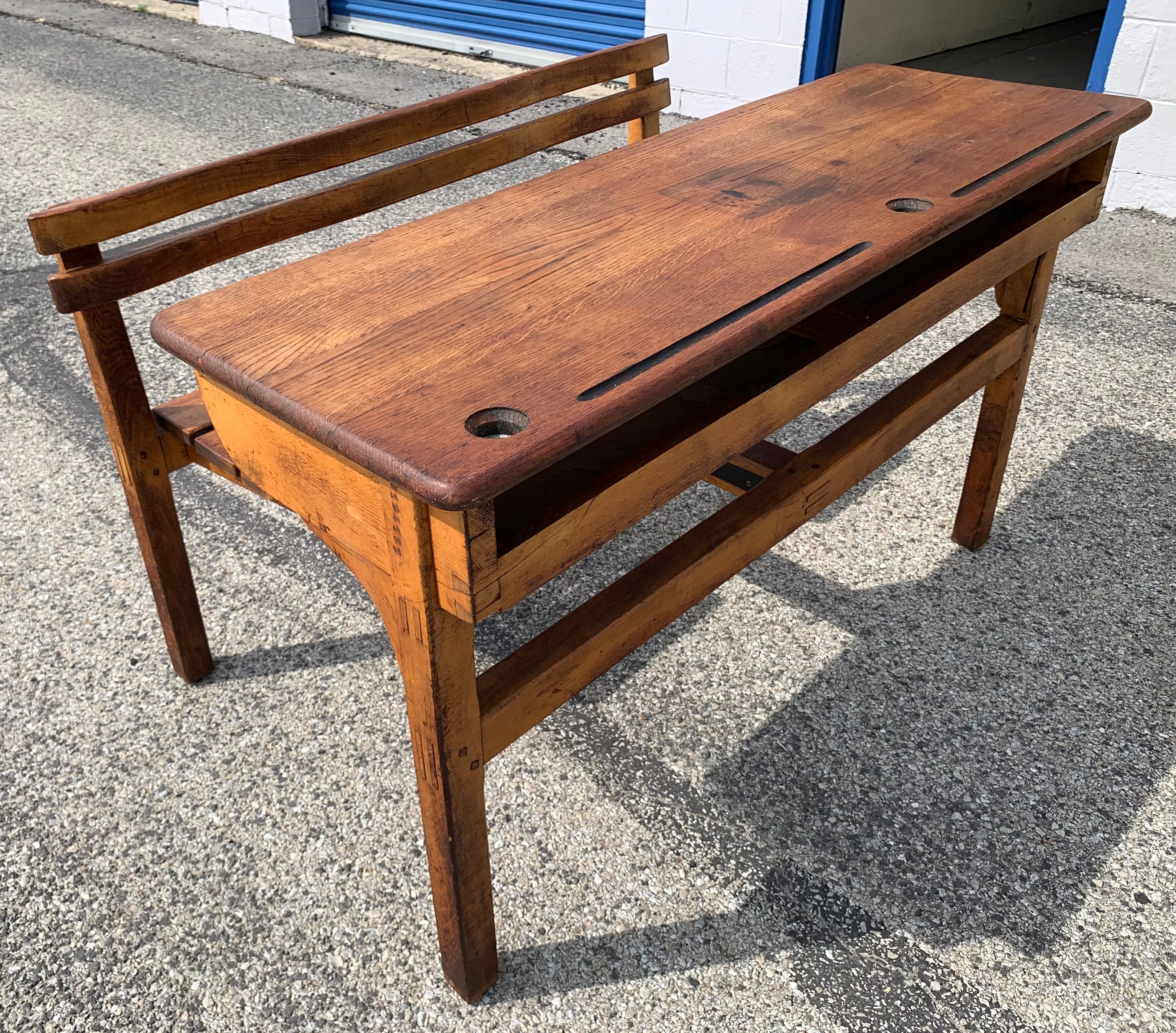 Rare Antique French Oak Dual School Desk 19thc 49.5W33D30H18CH