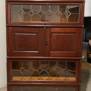 Antique mahogany Globe Wernicke five section stacking barrister bookcase 34w12d70h leaded glass  Shipping is not free