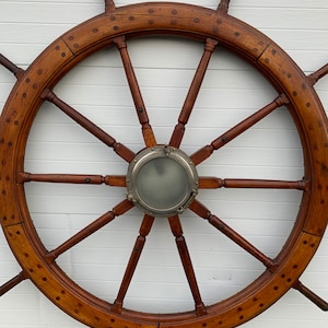 Beautiful antique New England fancy wooden ship wheel 68&quot;dia handle to handle 5.5w 53 dia Shipping is not free