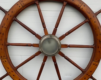 Beautiful antique New England fancy wooden ship wheel 68"dia handle to handle 5.5w 53 dia Shipping is not free