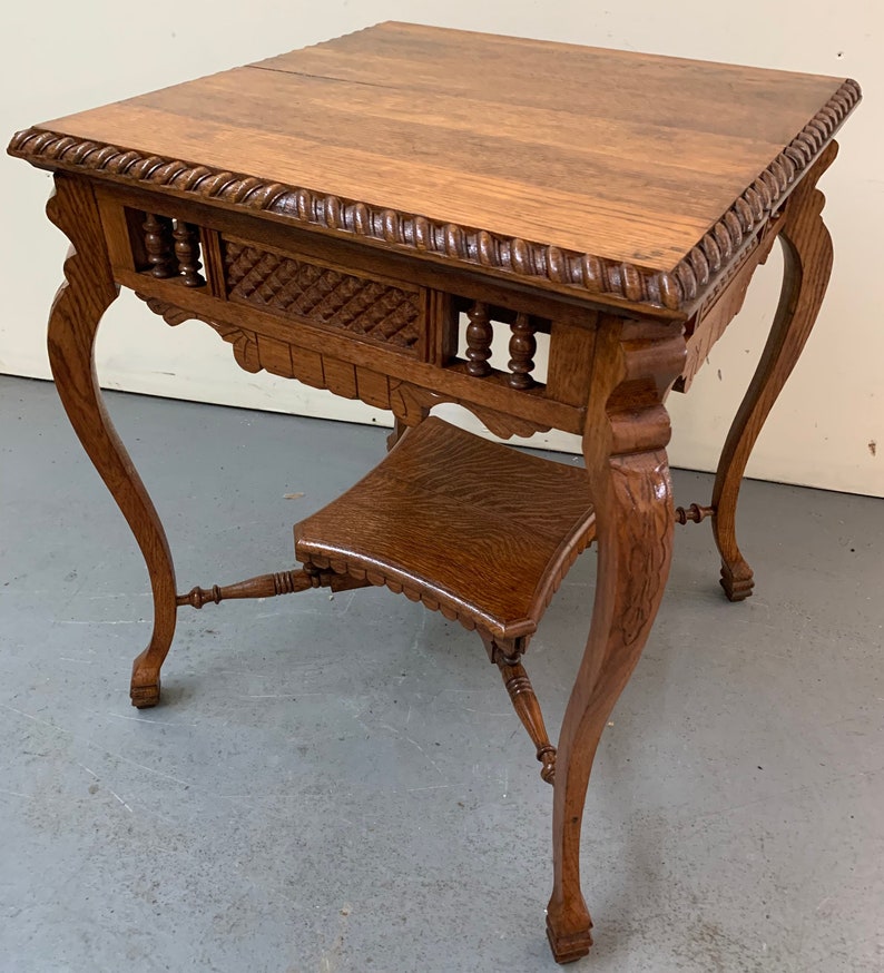 Antique Arts and Crafts Solid Oak Carved Side Table Hidden Etsy