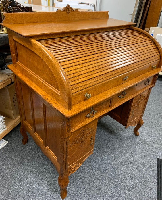 Beautiful Antique Macey Solid Oak Paneled Roll Top Desk