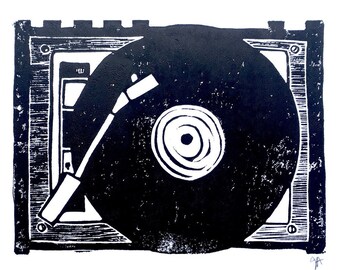 Vintage record player linocut art print - Hand-printed linoleum block print - Signed open-edition fine art print - Minimal gallery wall