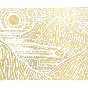 Shimmery ocean sunset linocut on a tropical island coastline - Landscape relief print - 8x10 linoleum block print in metallic gold