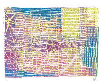 Monoprint - Abstract multi-color relief print - Printmaking 8x10 linocut wall art print - Linoleum block modern painting - 90s geometric art