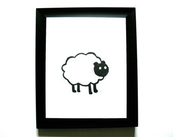 Minimal sheep print BLACK block print nursery relief print 8x10 hand-printed linocut - Linoleum block print - Barn animals wall art -