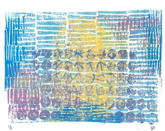 Monoprint - Abstract multi-color blue and yellow relief print - Printmaking linocut wall art - Linoleum block modern - Horizontal minimal