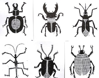 3 LINOCUT PRINTS - Set of 3 block print insects 8x10 bugs - entomology poster set - insect relief prints - linoleum block print - wall art