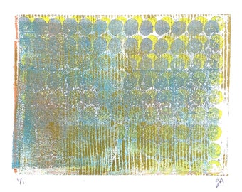 Monoprint - Abstract multi-color relief print - 8x10 linocut wall art - Linoleum block modern - Muted gold poster - Horizontal original art